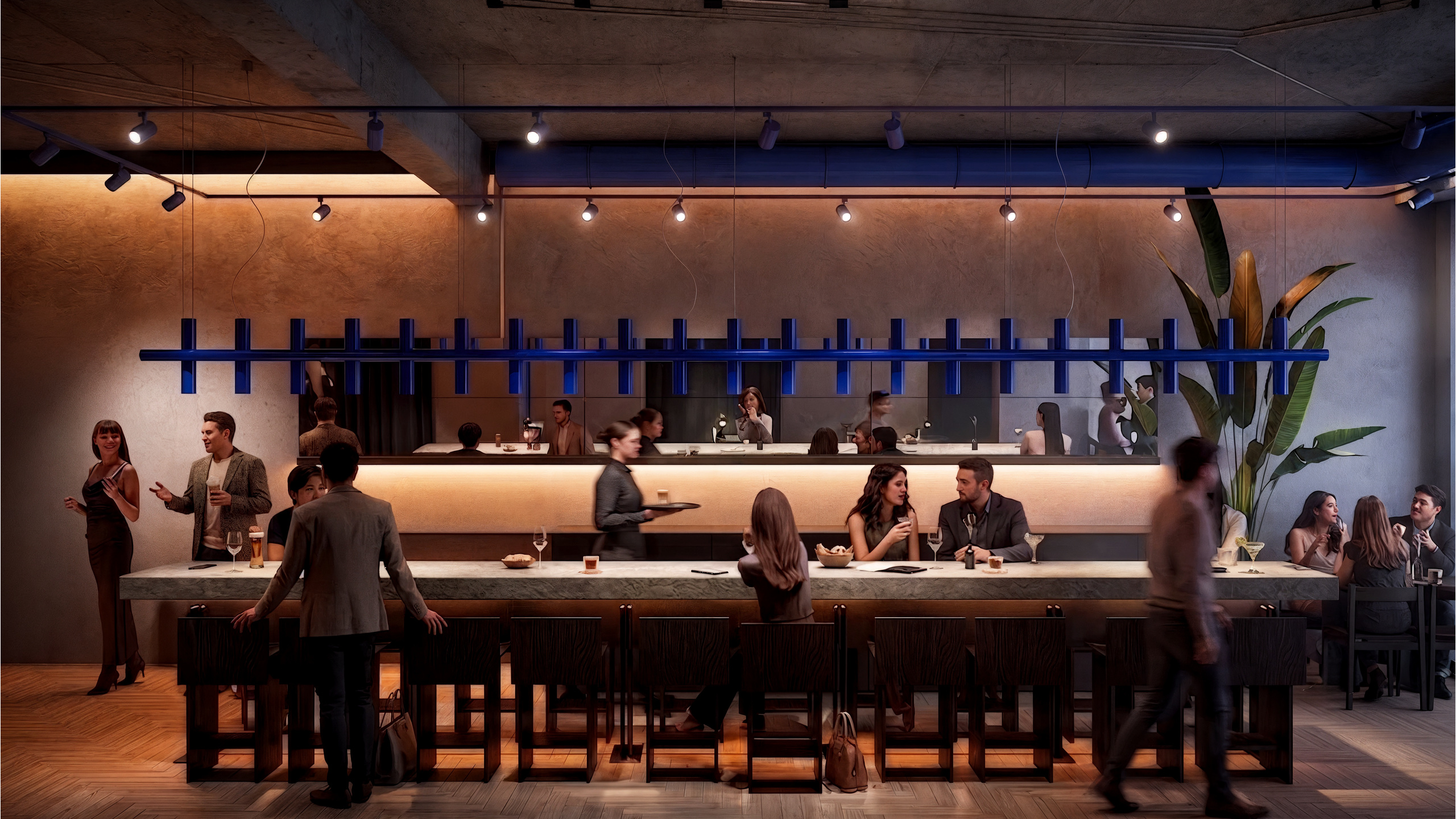 Beton Vienna — Communal table and linear lighting